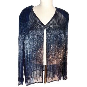 Adrianna Papell Occasions Vintage Beaded Black Tie Jacket Sz 12 Navy Blu…